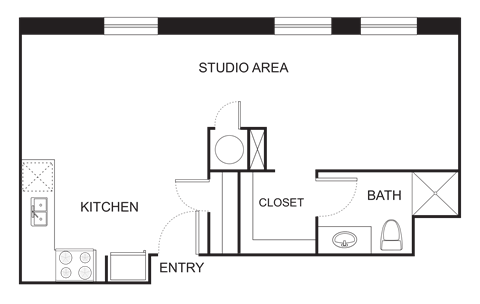 Floor plan for studio, 1 bath, 517 sqft
